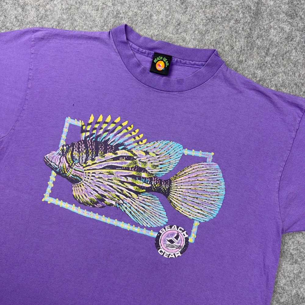 VTG Beach Gear T Shirt Mens XL Purple Lionfish Graphic Single Stitch 90s Surf